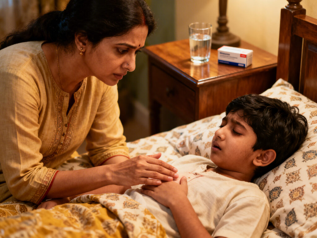 Indian mother checking the breathing of sick child